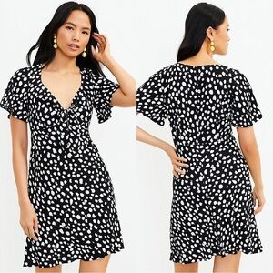 NWT LOFT Dotted Tie Front Flare Black White Dress Small